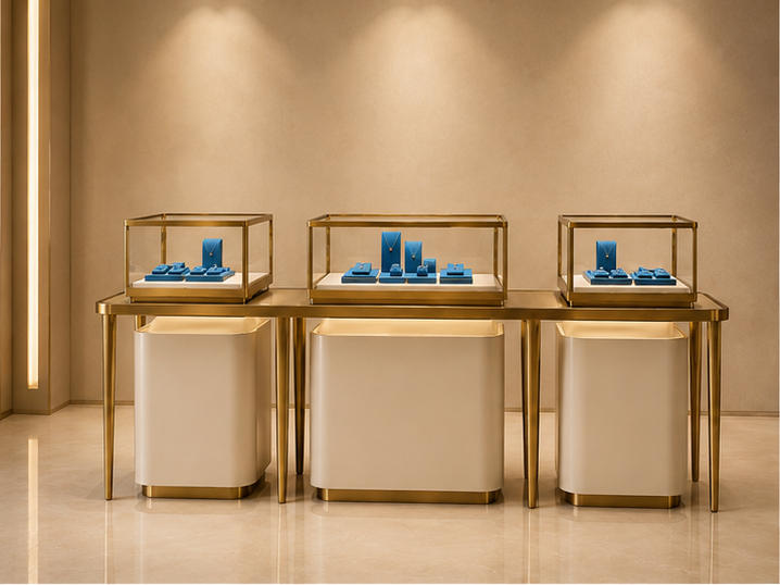 Triple-Section Modular Jewelry Display Table | 3 Showcase Set 7 Triple-section modular jewelry display table different angle view